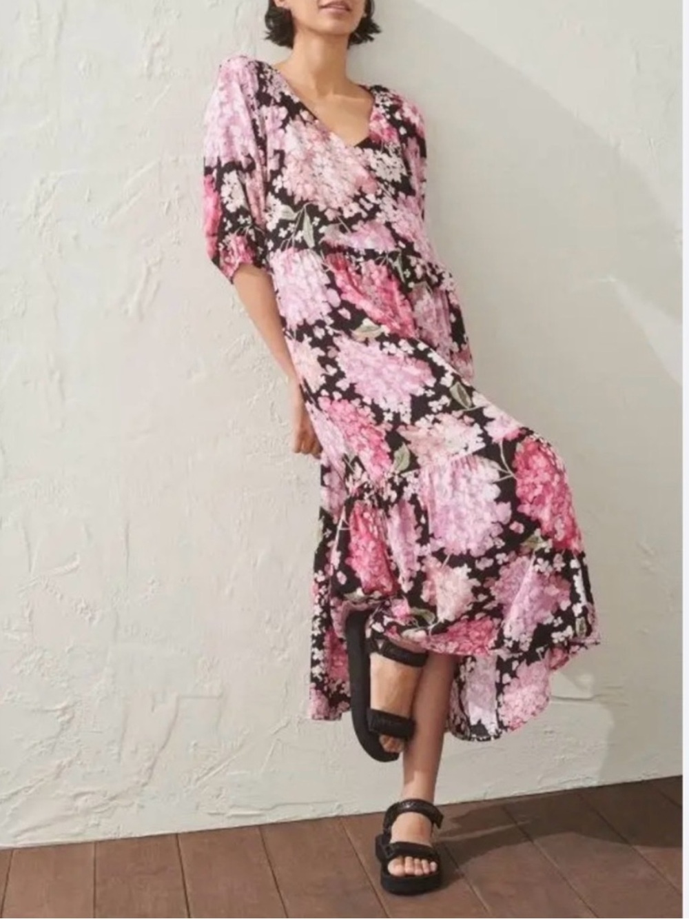 H&M Black Maxi Dress with Pink Floral Hydrangea Print